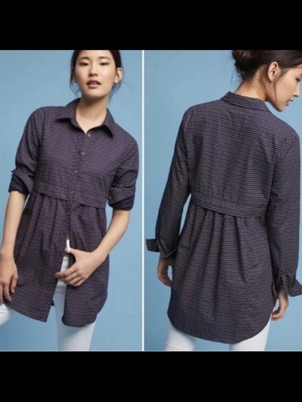 Maeve Anthropologie Aled Navy Button Down Empire Waist Tunic Blouse